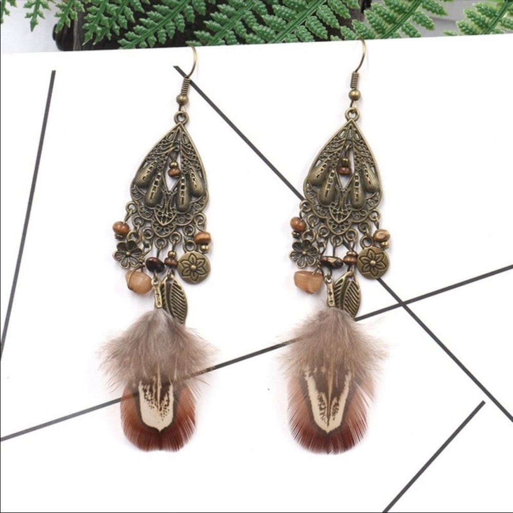 Bohemian charms and bead feathered dangle earrings